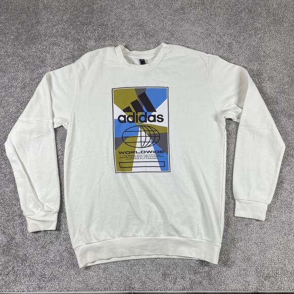 Adidas Sweatshirt Mens Medium Graphic Print Fleece Thin Streetwear White - Picture 1 of 15